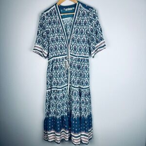 FP TO LOVE Maxi Dress Womens Large Blue Pink Excellent Boho Paisley Button Down